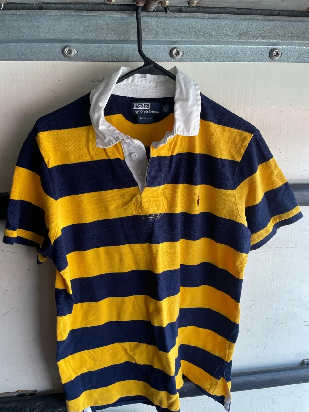Ralph Lauren Polo Rugby Shirt - Navy and Yellow Stripes with White Collar